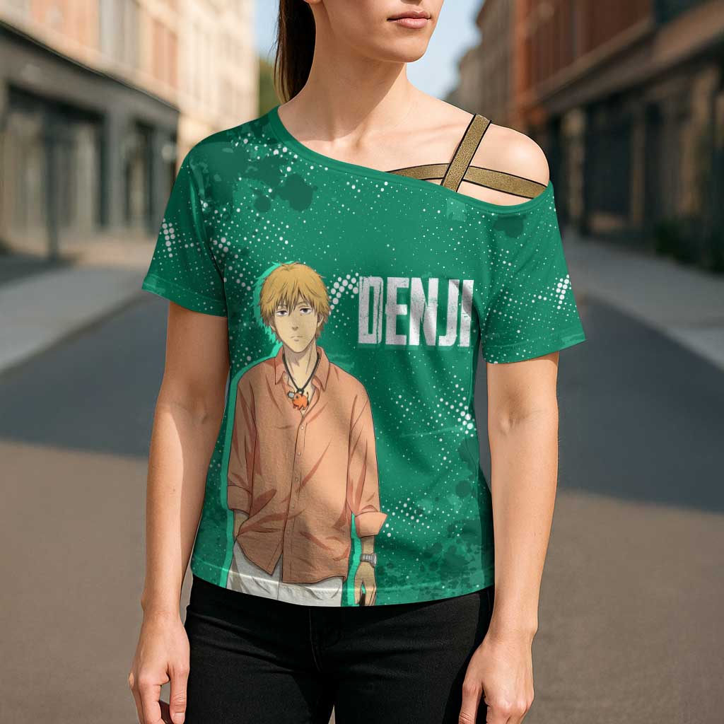 Denji Chainsaw Man Cross Shoulder Shirt Urban Grunge Halftone Style