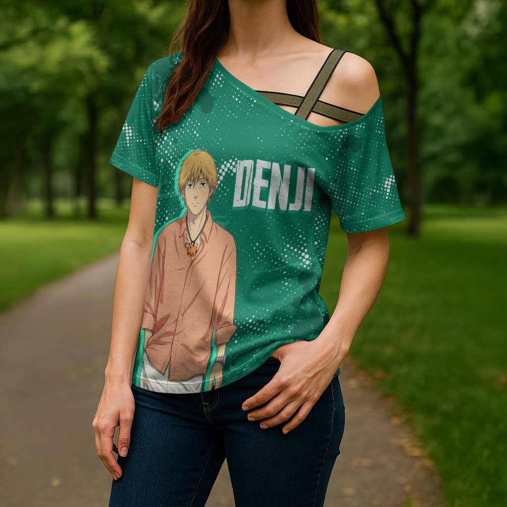 Denji Chainsaw Man Cross Shoulder Shirt Urban Grunge Halftone Style