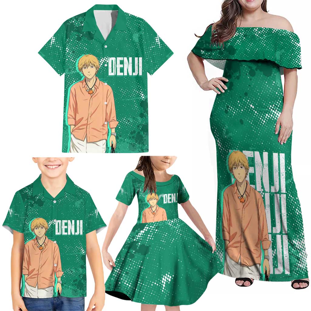 Denji Chainsaw Man Family Matching Off Shoulder Maxi Dress and Hawaiian Shirt Urban Grunge Halftone Style