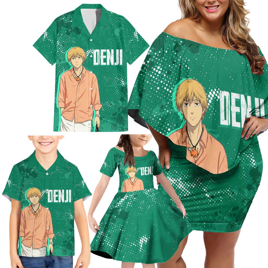 Denji Chainsaw Man Family Matching Off Shoulder Short Dress and Hawaiian Shirt Urban Grunge Halftone Style