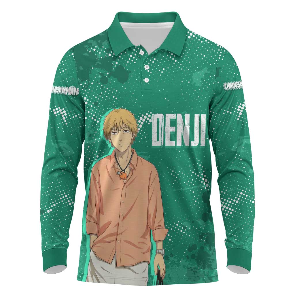 Denji Chainsaw Man Long Sleeve Polo Shirt Urban Grunge Halftone Style