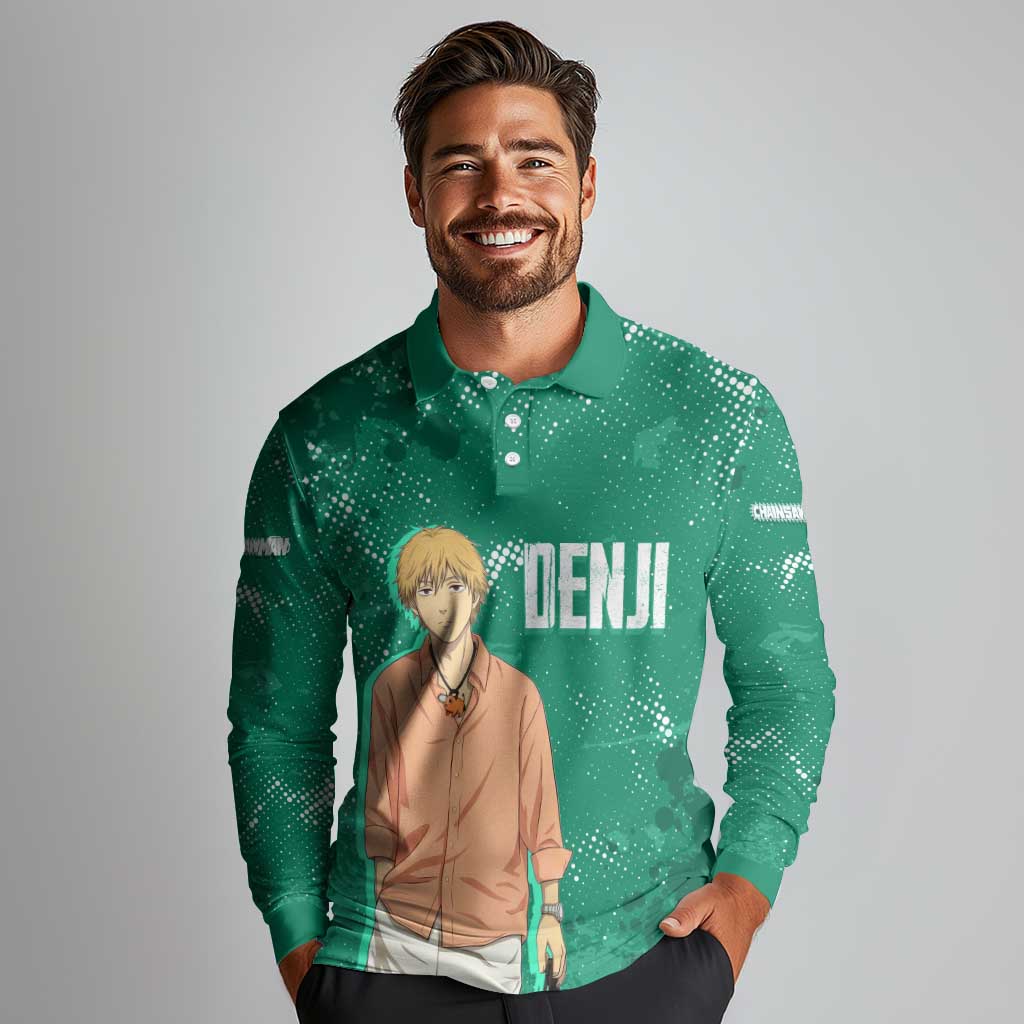 Denji Chainsaw Man Long Sleeve Polo Shirt Urban Grunge Halftone Style
