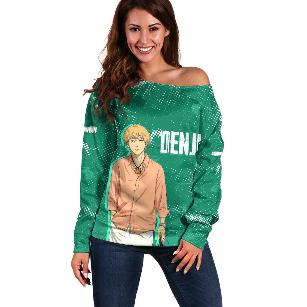 Denji Chainsaw Man Off Shoulder Sweater Urban Grunge Halftone Style