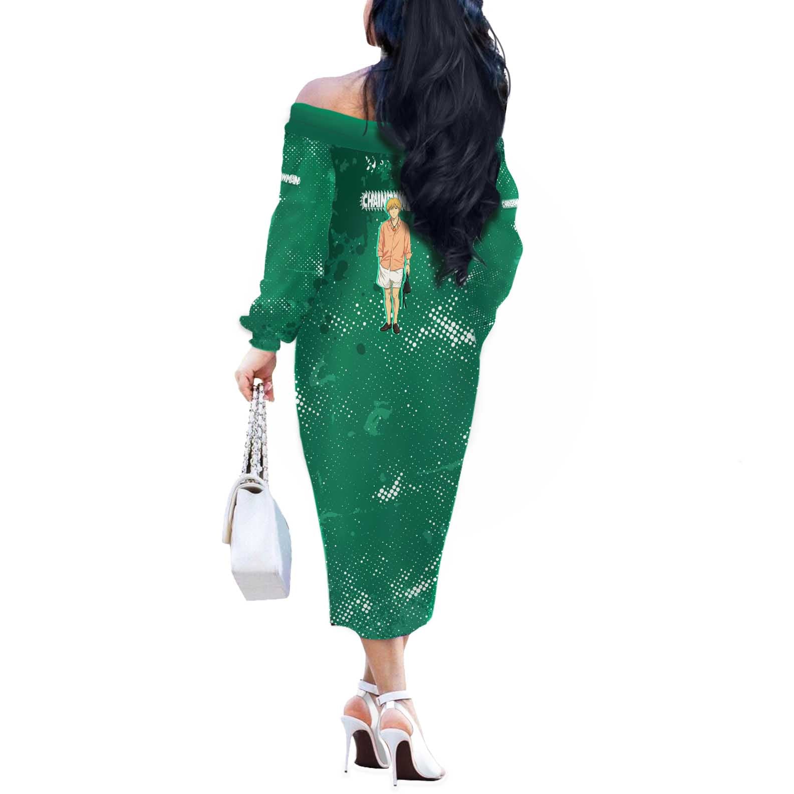 Denji Chainsaw Man Off The Shoulder Long Sleeve Dress Urban Grunge Halftone Style