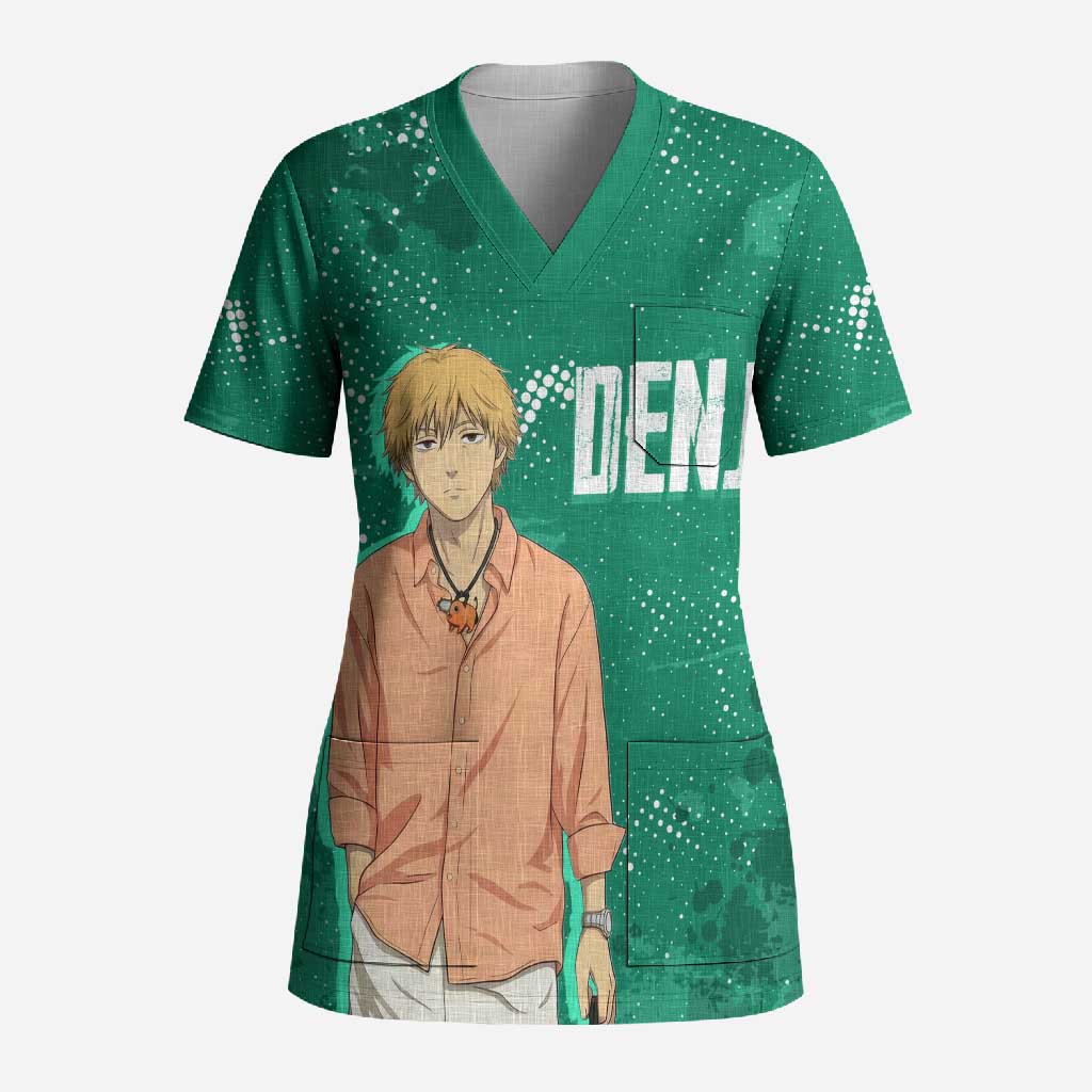 Denji Chainsaw Man Scrub Top Urban Grunge Halftone Style