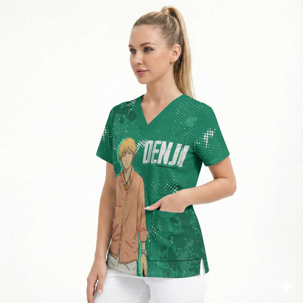 Denji Chainsaw Man Scrub Top Urban Grunge Halftone Style