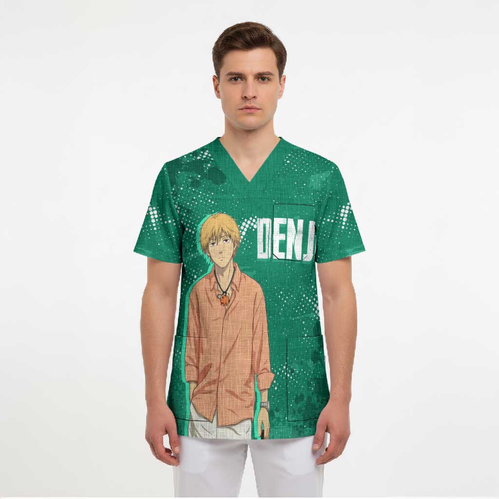 Denji Chainsaw Man Scrub Top Urban Grunge Halftone Style