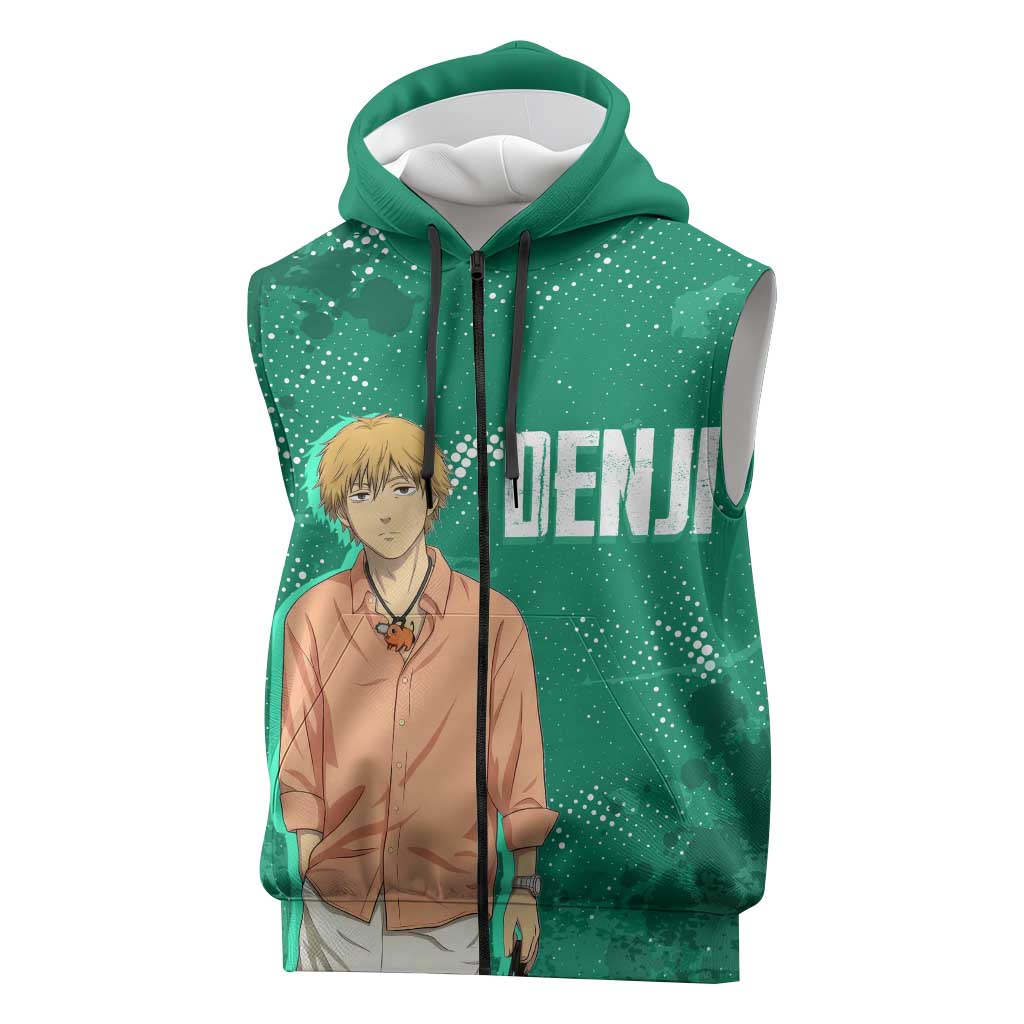 Denji Chainsaw Man Sleeveless Zip Hoodie Urban Grunge Halftone Style