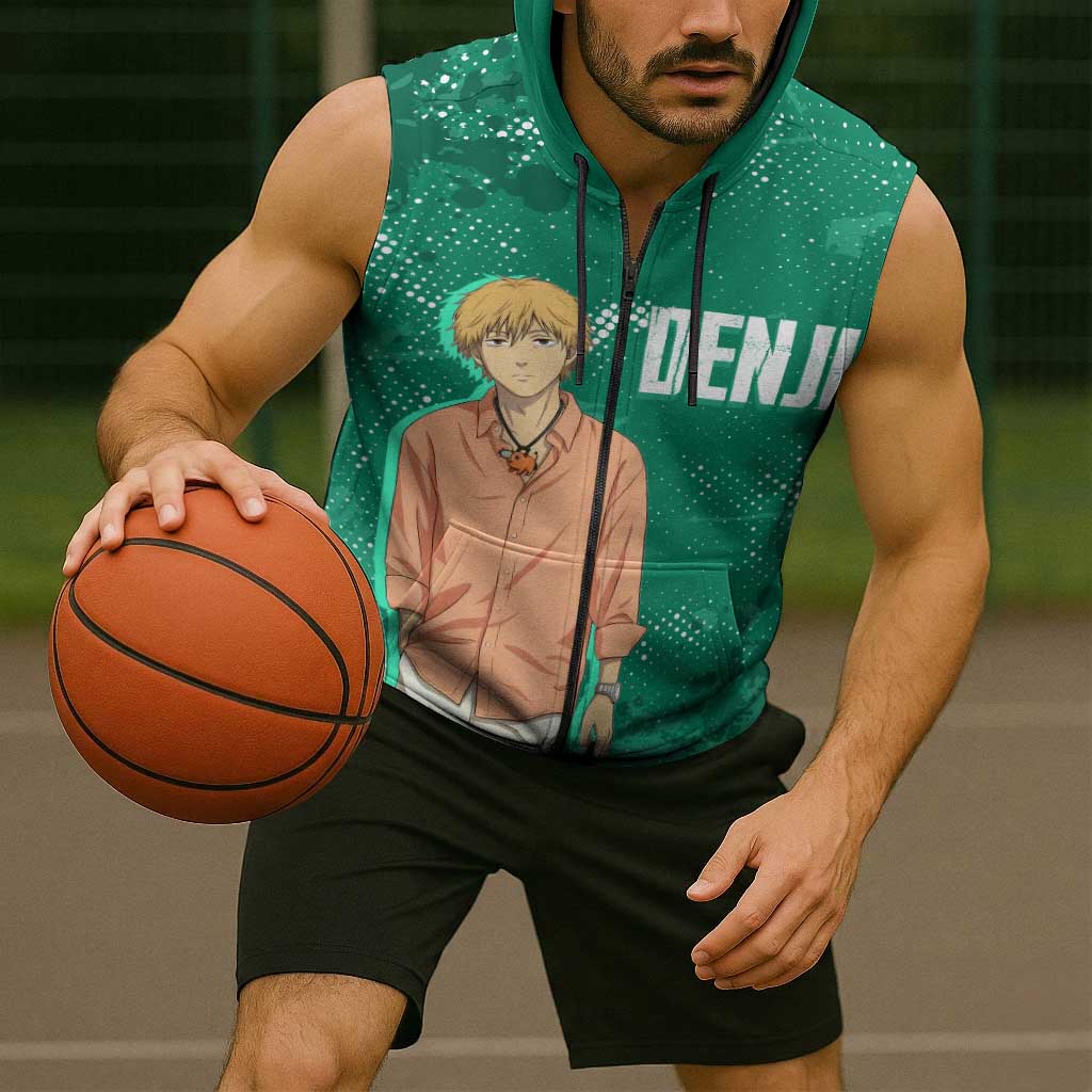 Denji Chainsaw Man Sleeveless Zip Hoodie Urban Grunge Halftone Style