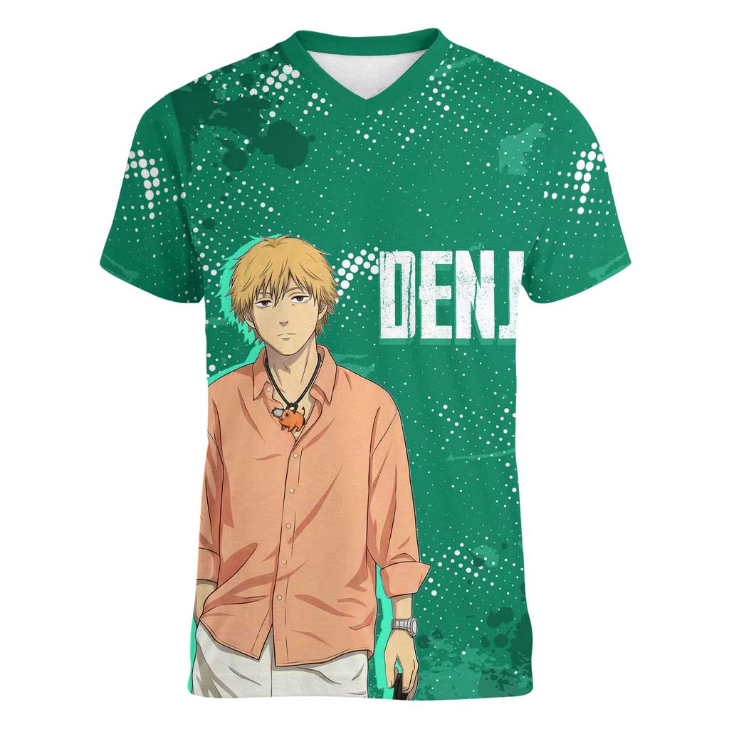 Denji Chainsaw Man Women V-Neck T-Shirt Urban Grunge Halftone Style