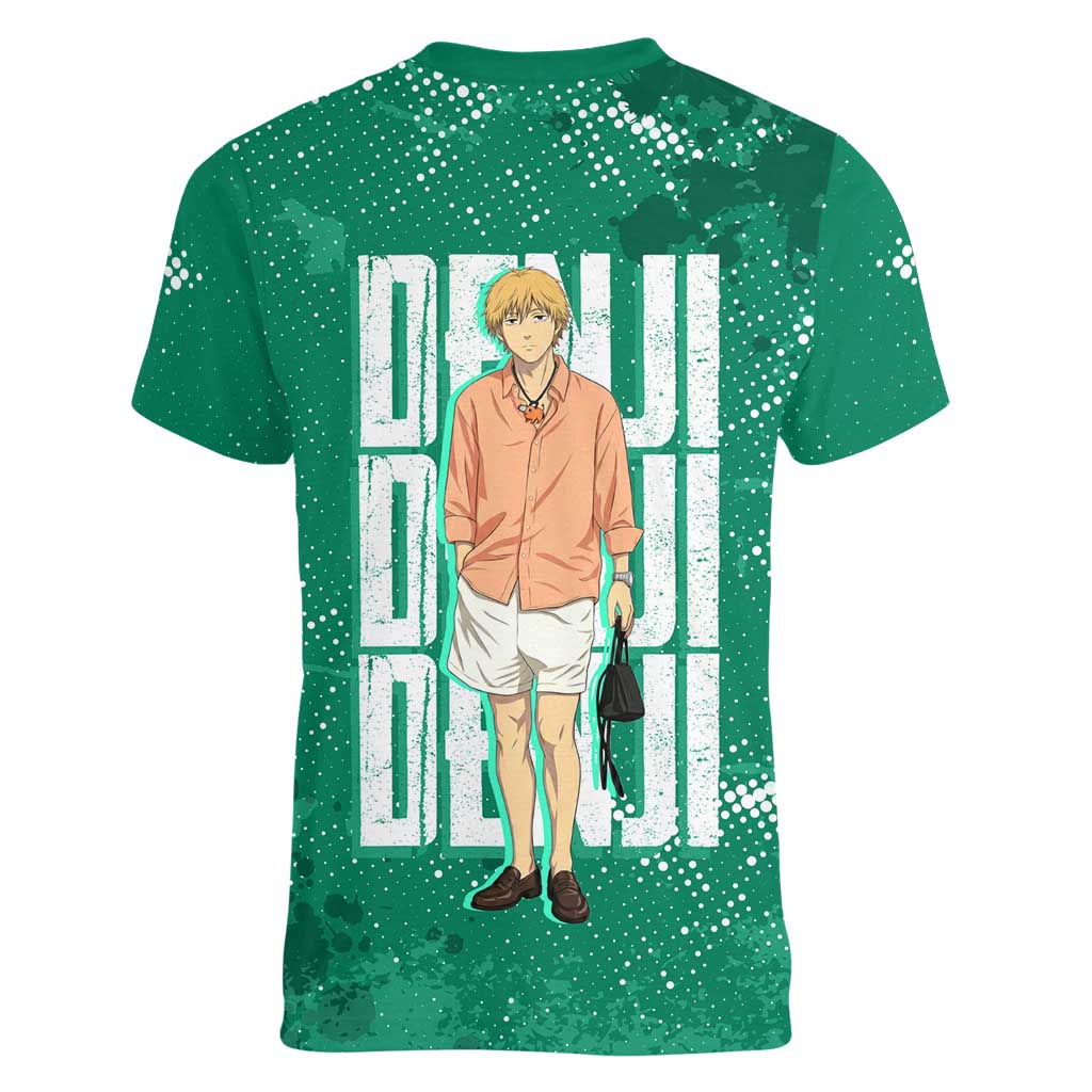 Denji Chainsaw Man Women V-Neck T-Shirt Urban Grunge Halftone Style