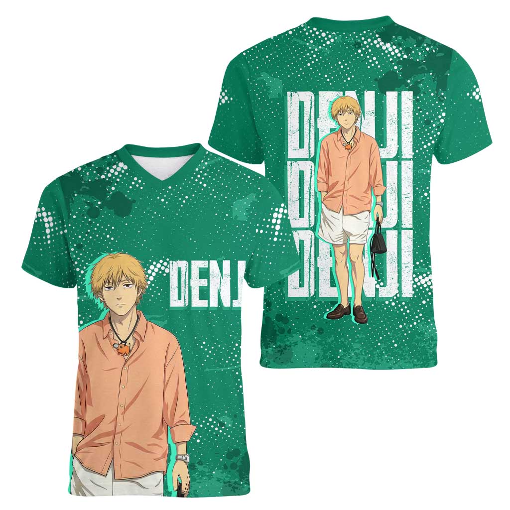Denji Chainsaw Man Women V-Neck T-Shirt Urban Grunge Halftone Style