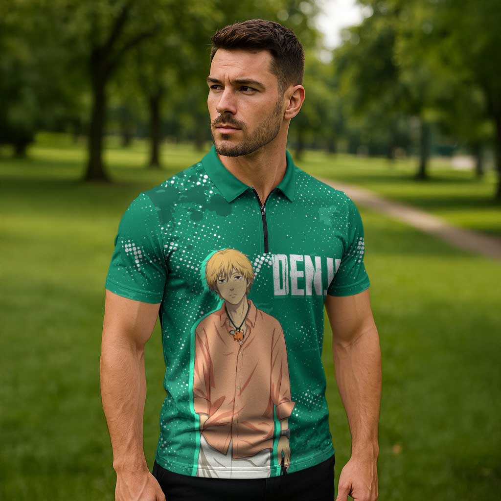 Denji Chainsaw Man Zipper Polo Shirt Urban Grunge Halftone Style