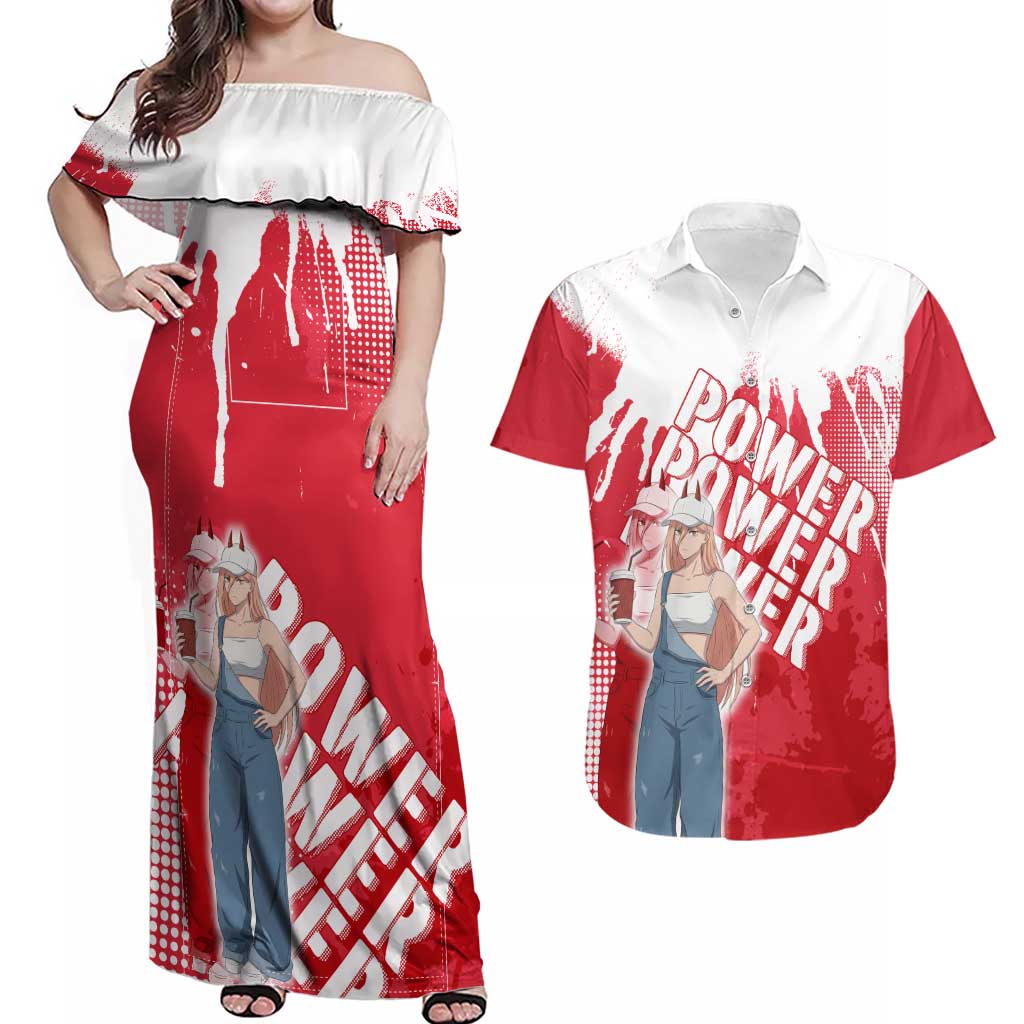 Power Chainsaw Man Couples Matching Off Shoulder Maxi Dress and Hawaiian Shirt Grunge Pop Manga Panel Style