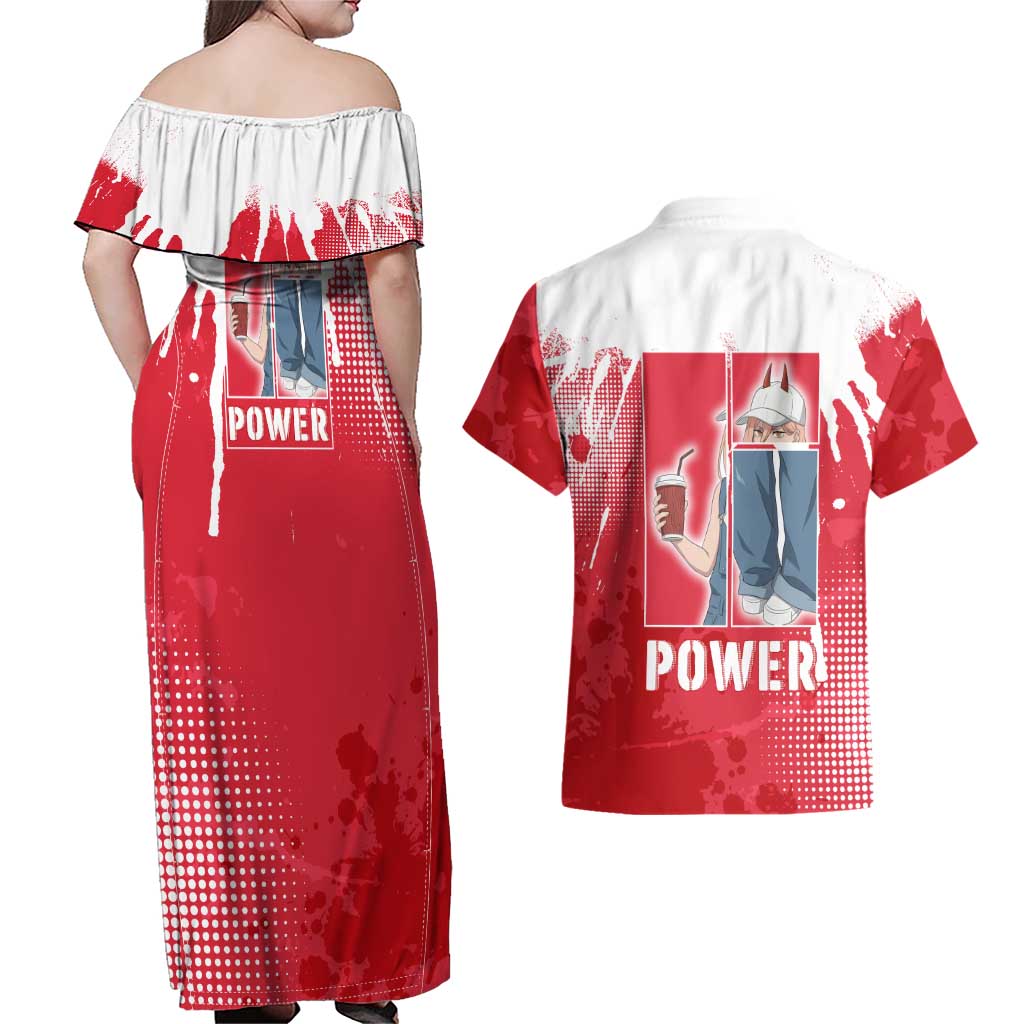 Power Chainsaw Man Couples Matching Off Shoulder Maxi Dress and Hawaiian Shirt Grunge Pop Manga Panel Style