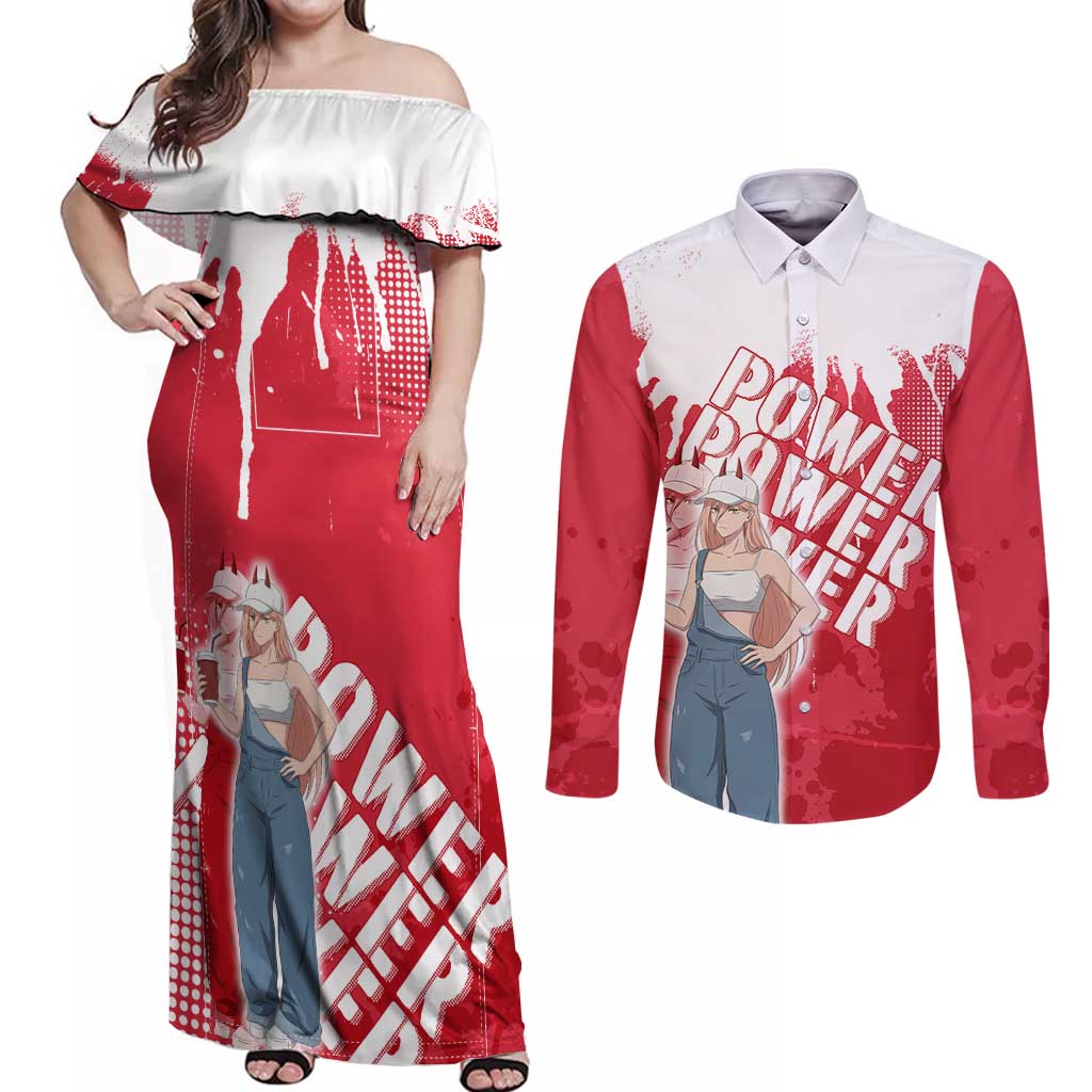 Power Chainsaw Man Couples Matching Off Shoulder Maxi Dress and Long Sleeve Button Shirt Grunge Pop Manga Panel Style