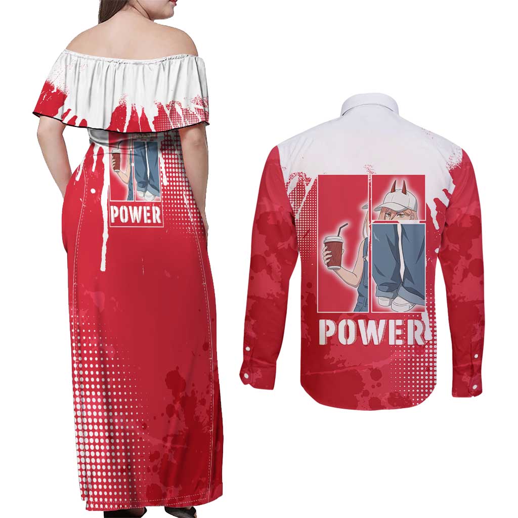 Power Chainsaw Man Couples Matching Off Shoulder Maxi Dress and Long Sleeve Button Shirt Grunge Pop Manga Panel Style