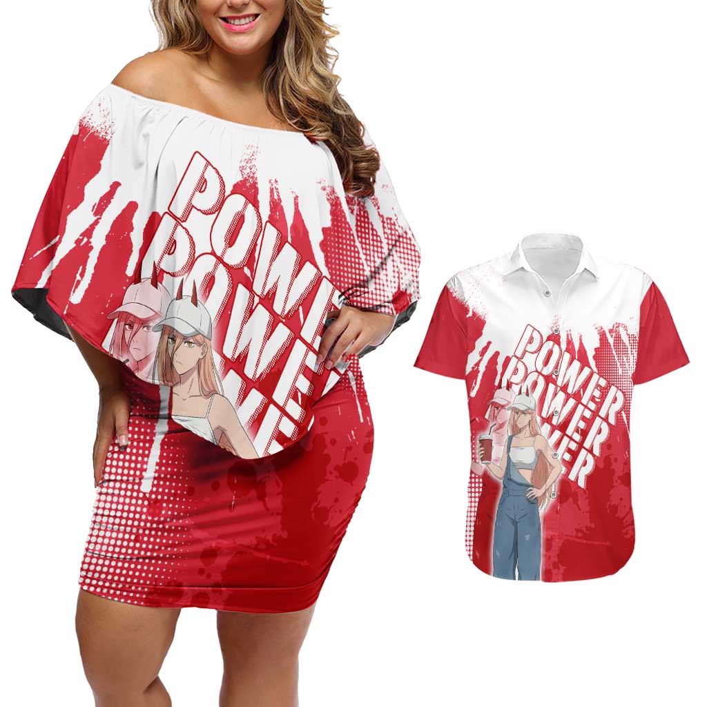 Power Chainsaw Man Couples Matching Off Shoulder Short Dress and Hawaiian Shirt Grunge Pop Manga Panel Style