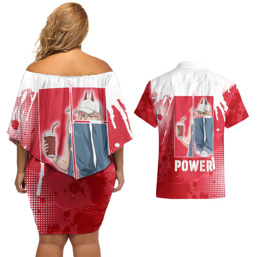 Power Chainsaw Man Couples Matching Off Shoulder Short Dress and Hawaiian Shirt Grunge Pop Manga Panel Style