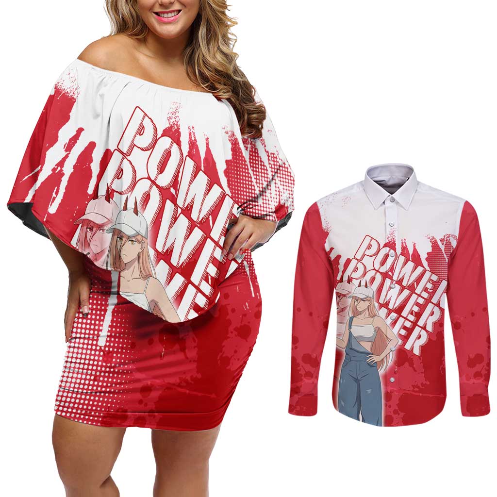 Power Chainsaw Man Couples Matching Off Shoulder Short Dress and Long Sleeve Button Shirt Grunge Pop Manga Panel Style