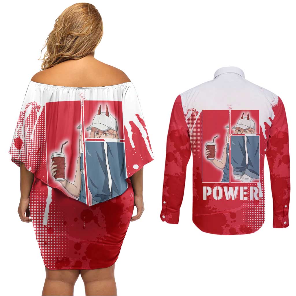 Power Chainsaw Man Couples Matching Off Shoulder Short Dress and Long Sleeve Button Shirt Grunge Pop Manga Panel Style