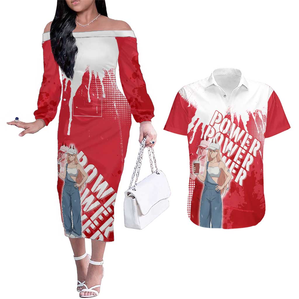 Power Chainsaw Man Couples Matching Off The Shoulder Long Sleeve Dress and Hawaiian Shirt Grunge Pop Manga Panel Style