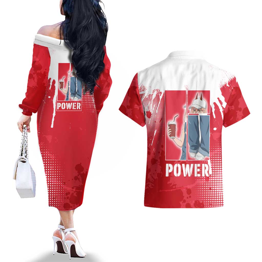 Power Chainsaw Man Couples Matching Off The Shoulder Long Sleeve Dress and Hawaiian Shirt Grunge Pop Manga Panel Style