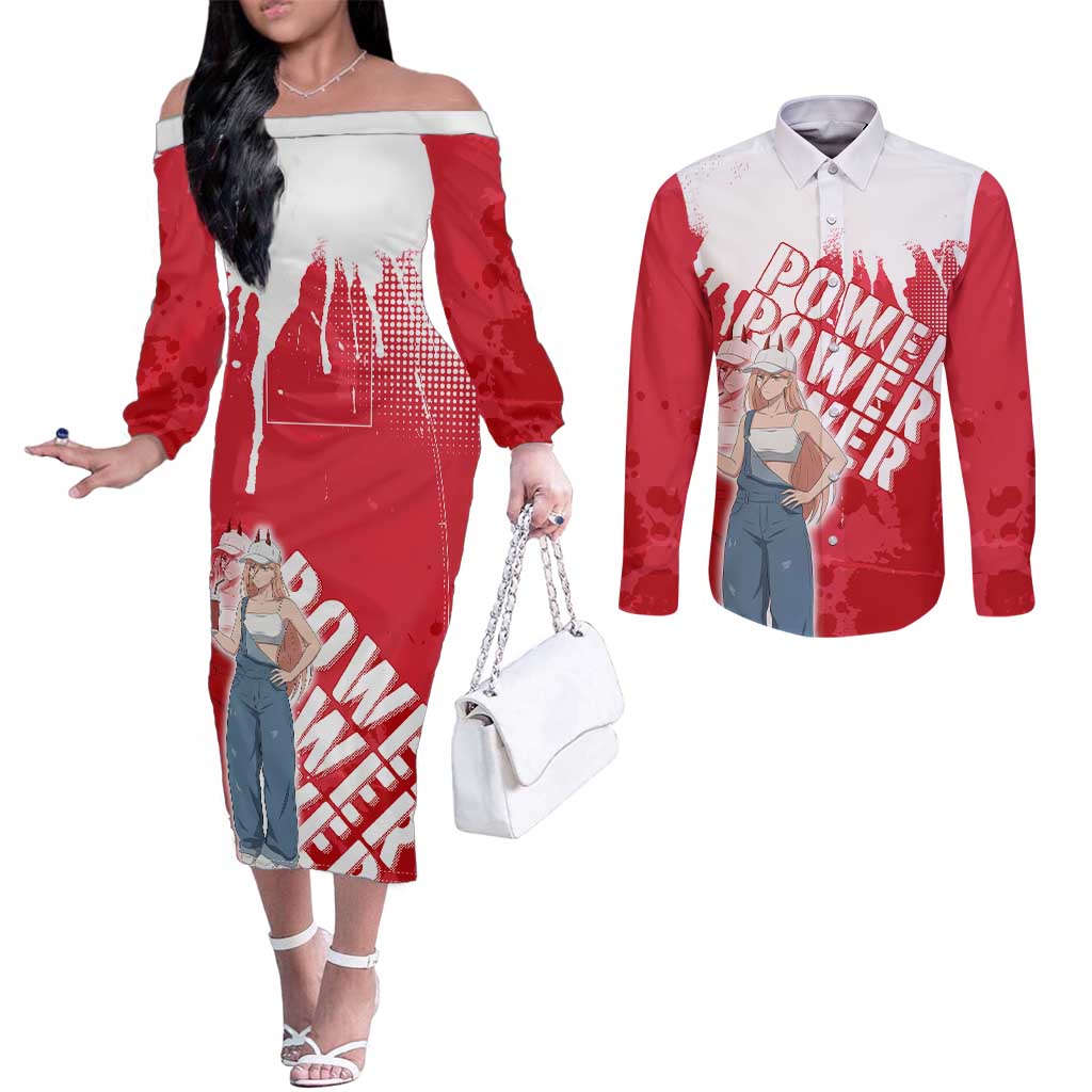 Power Chainsaw Man Couples Matching Off The Shoulder Long Sleeve Dress and Long Sleeve Button Shirt Grunge Pop Manga Panel Style