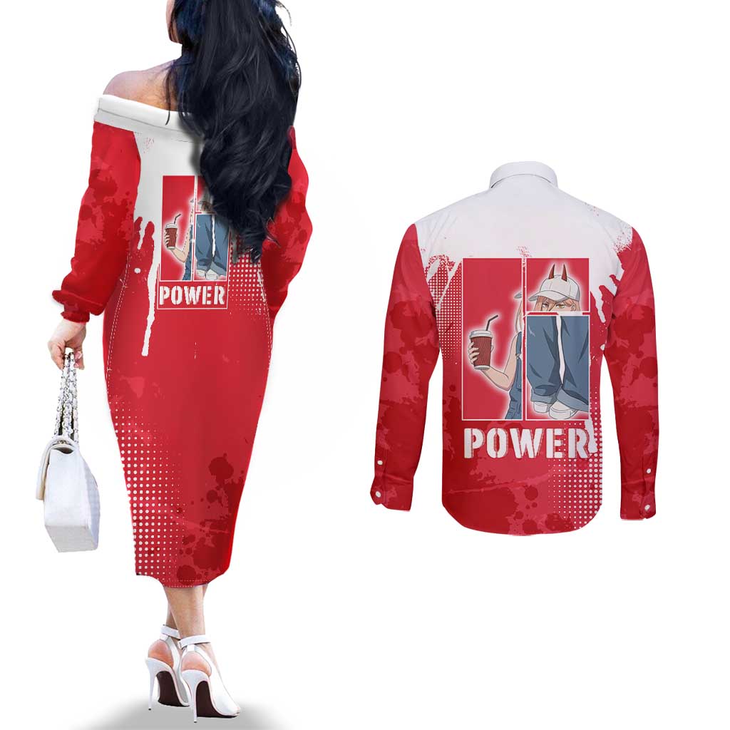 Power Chainsaw Man Couples Matching Off The Shoulder Long Sleeve Dress and Long Sleeve Button Shirt Grunge Pop Manga Panel Style