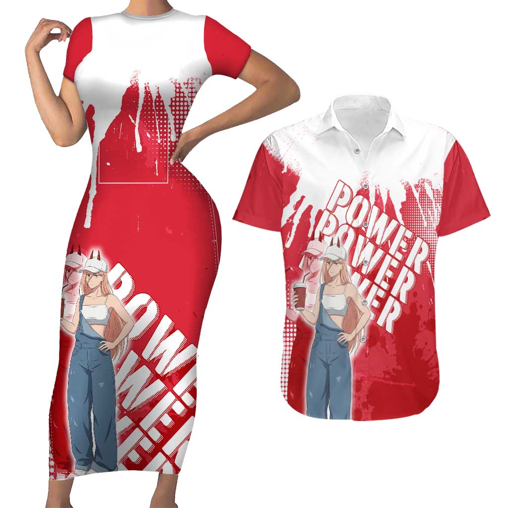 Power Chainsaw Man Couples Matching Short Sleeve Bodycon Dress and Hawaiian Shirt Grunge Pop Manga Panel Style