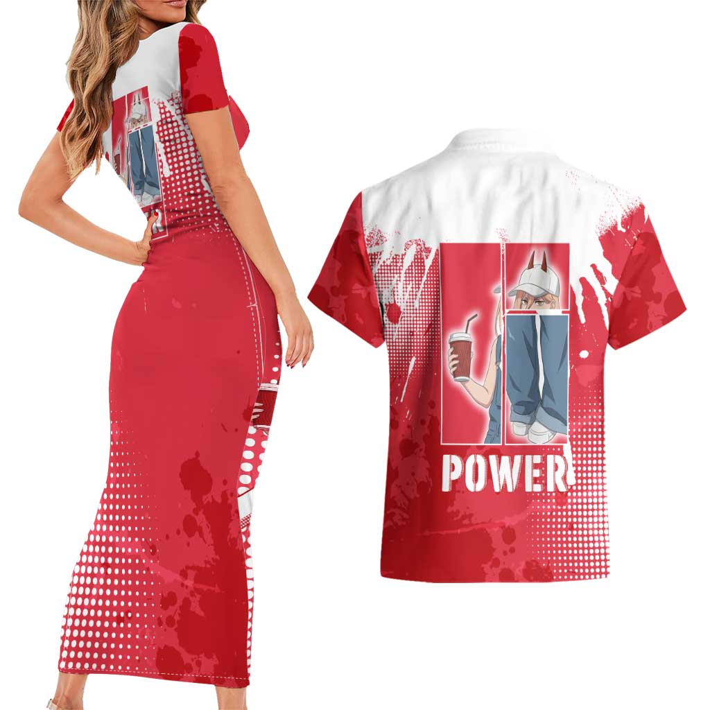 Power Chainsaw Man Couples Matching Short Sleeve Bodycon Dress and Hawaiian Shirt Grunge Pop Manga Panel Style