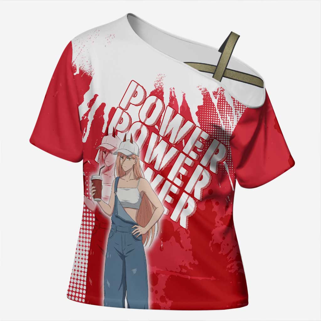 Power Chainsaw Man Cross Shoulder Shirt Grunge Pop Manga Panel Style