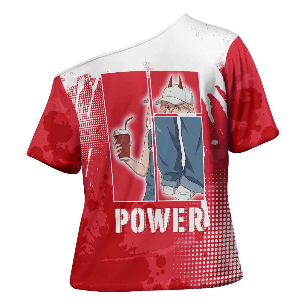 Power Chainsaw Man Cross Shoulder Shirt Grunge Pop Manga Panel Style