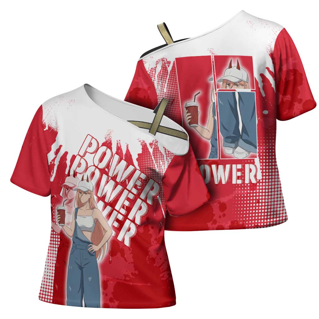 Power Chainsaw Man Cross Shoulder Shirt Grunge Pop Manga Panel Style