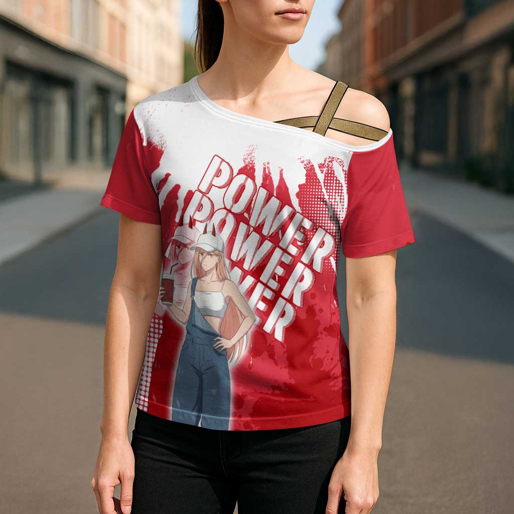 Power Chainsaw Man Cross Shoulder Shirt Grunge Pop Manga Panel Style
