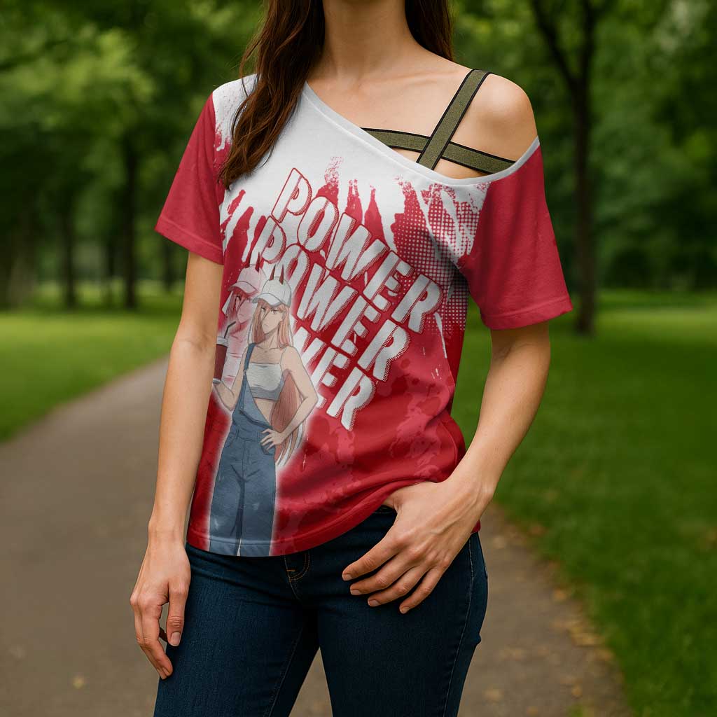 Power Chainsaw Man Cross Shoulder Shirt Grunge Pop Manga Panel Style