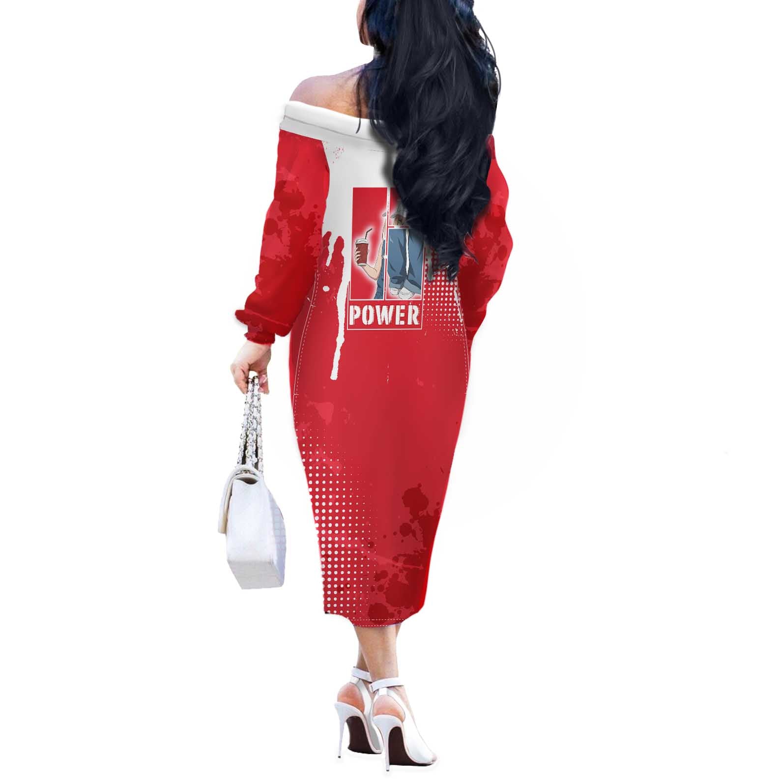 Power Chainsaw Man Off The Shoulder Long Sleeve Dress Grunge Pop Manga Panel Style