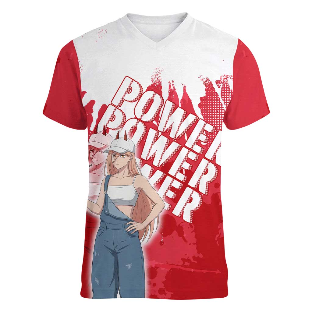 Power Chainsaw Man Women V-Neck T-Shirt Grunge Pop Manga Panel Style