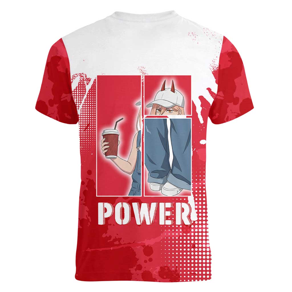 Power Chainsaw Man Women V-Neck T-Shirt Grunge Pop Manga Panel Style