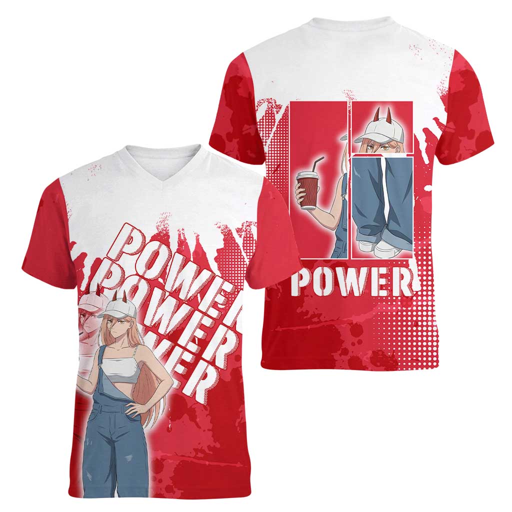 Power Chainsaw Man Women V-Neck T-Shirt Grunge Pop Manga Panel Style