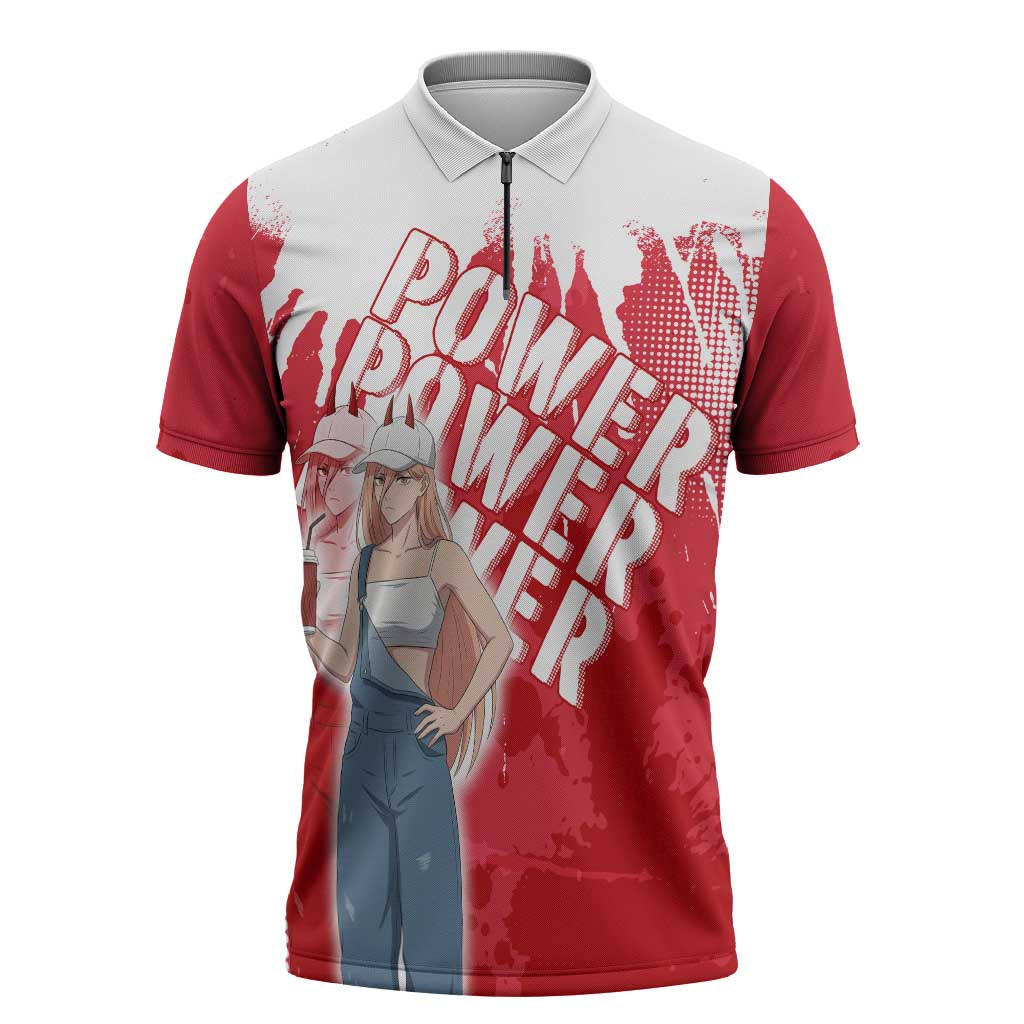 Power Chainsaw Man Zipper Polo Shirt Grunge Pop Manga Panel Style