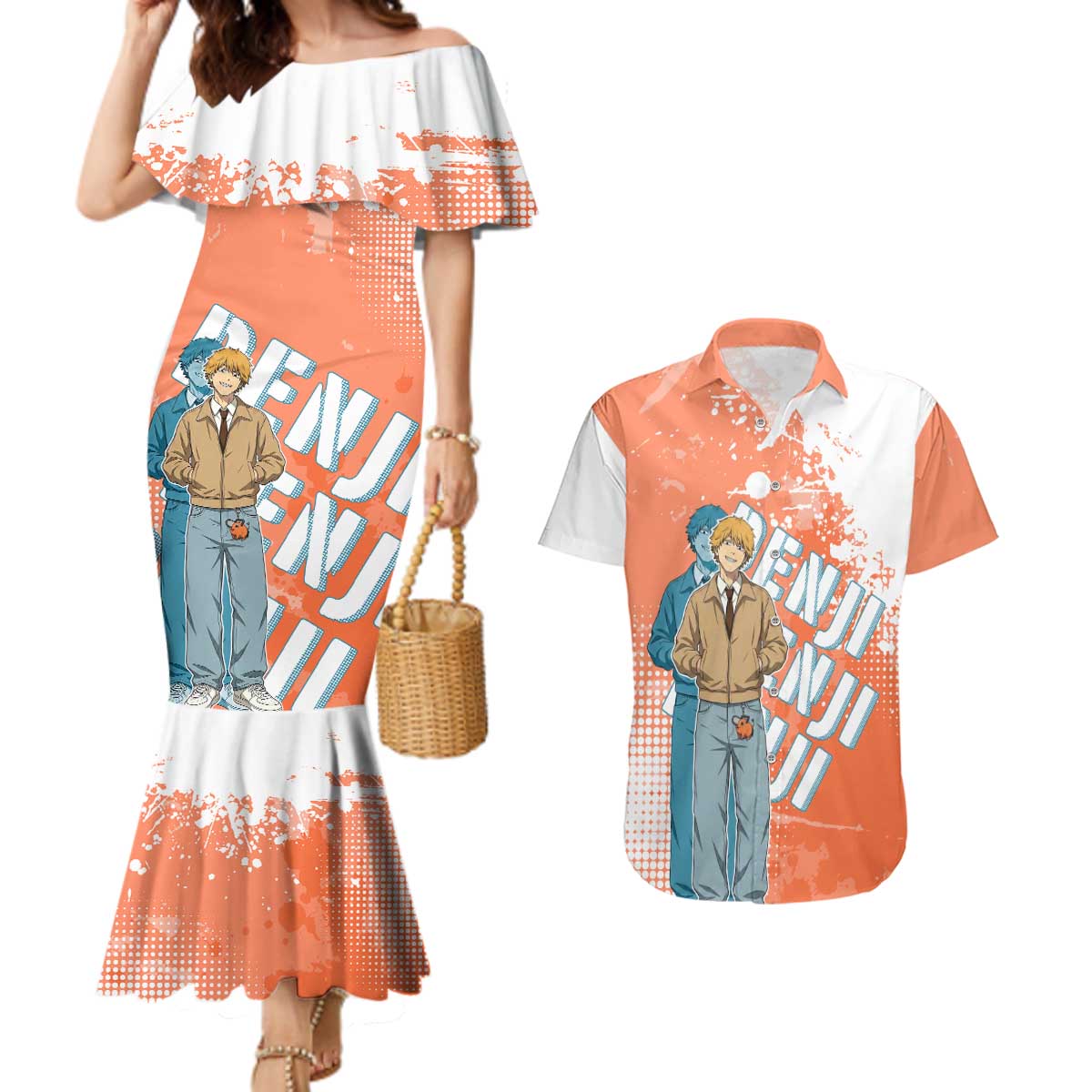Denji Casual Chainsaw Man Couples Matching Mermaid Dress and Hawaiian Shirt Retro Manga Grunge Style