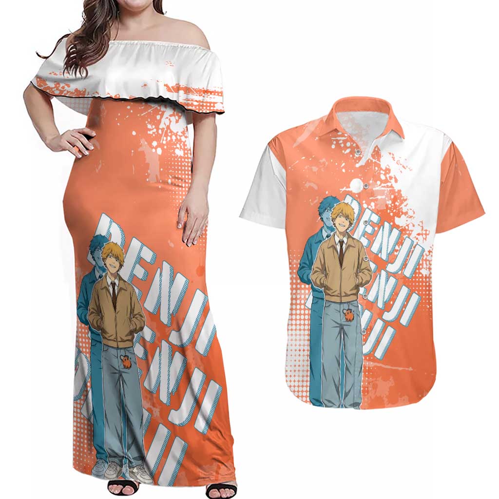 Denji Casual Chainsaw Man Couples Matching Off Shoulder Maxi Dress and Hawaiian Shirt Retro Manga Grunge Style