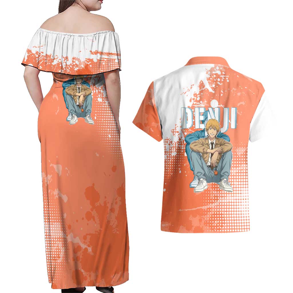 Denji Casual Chainsaw Man Couples Matching Off Shoulder Maxi Dress and Hawaiian Shirt Retro Manga Grunge Style