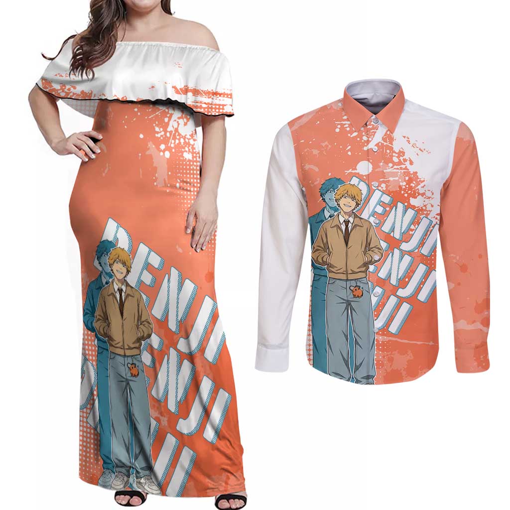 Denji Casual Chainsaw Man Couples Matching Off Shoulder Maxi Dress and Long Sleeve Button Shirt Retro Manga Grunge Style
