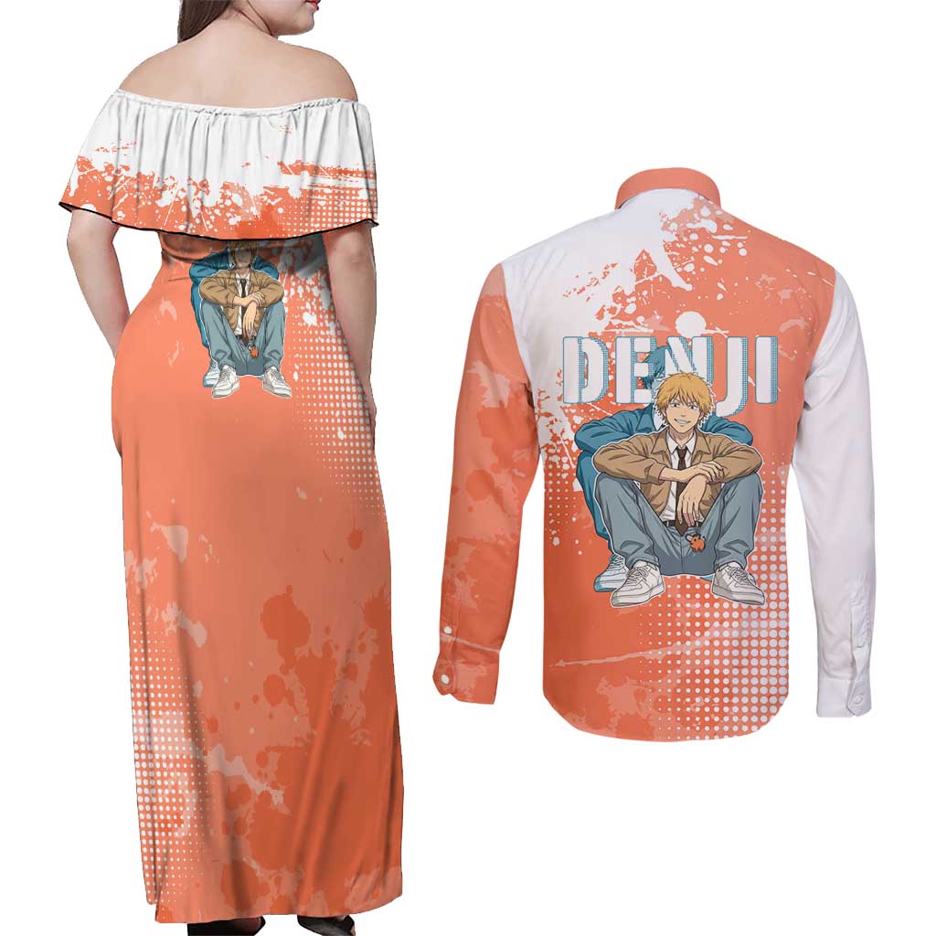 Denji Casual Chainsaw Man Couples Matching Off Shoulder Maxi Dress and Long Sleeve Button Shirt Retro Manga Grunge Style