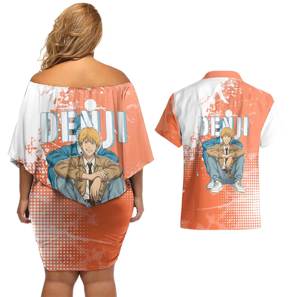 Denji Casual Chainsaw Man Couples Matching Off Shoulder Short Dress and Hawaiian Shirt Retro Manga Grunge Style