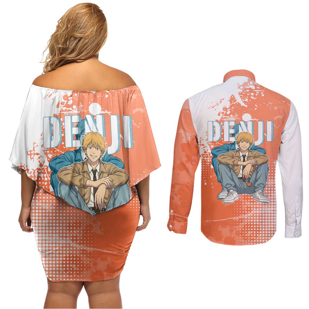 Denji Casual Chainsaw Man Couples Matching Off Shoulder Short Dress and Long Sleeve Button Shirt Retro Manga Grunge Style
