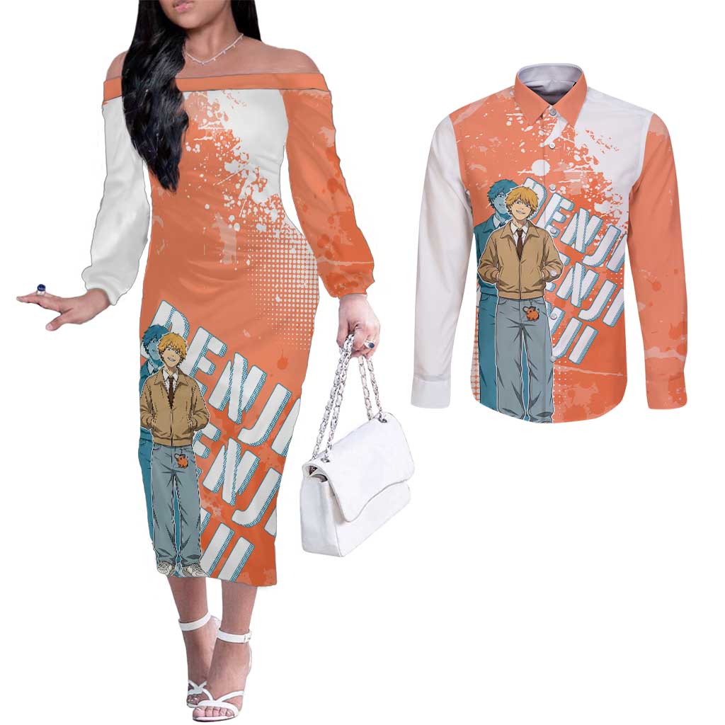 Denji Casual Chainsaw Man Couples Matching Off The Shoulder Long Sleeve Dress and Long Sleeve Button Shirt Retro Manga Grunge Style