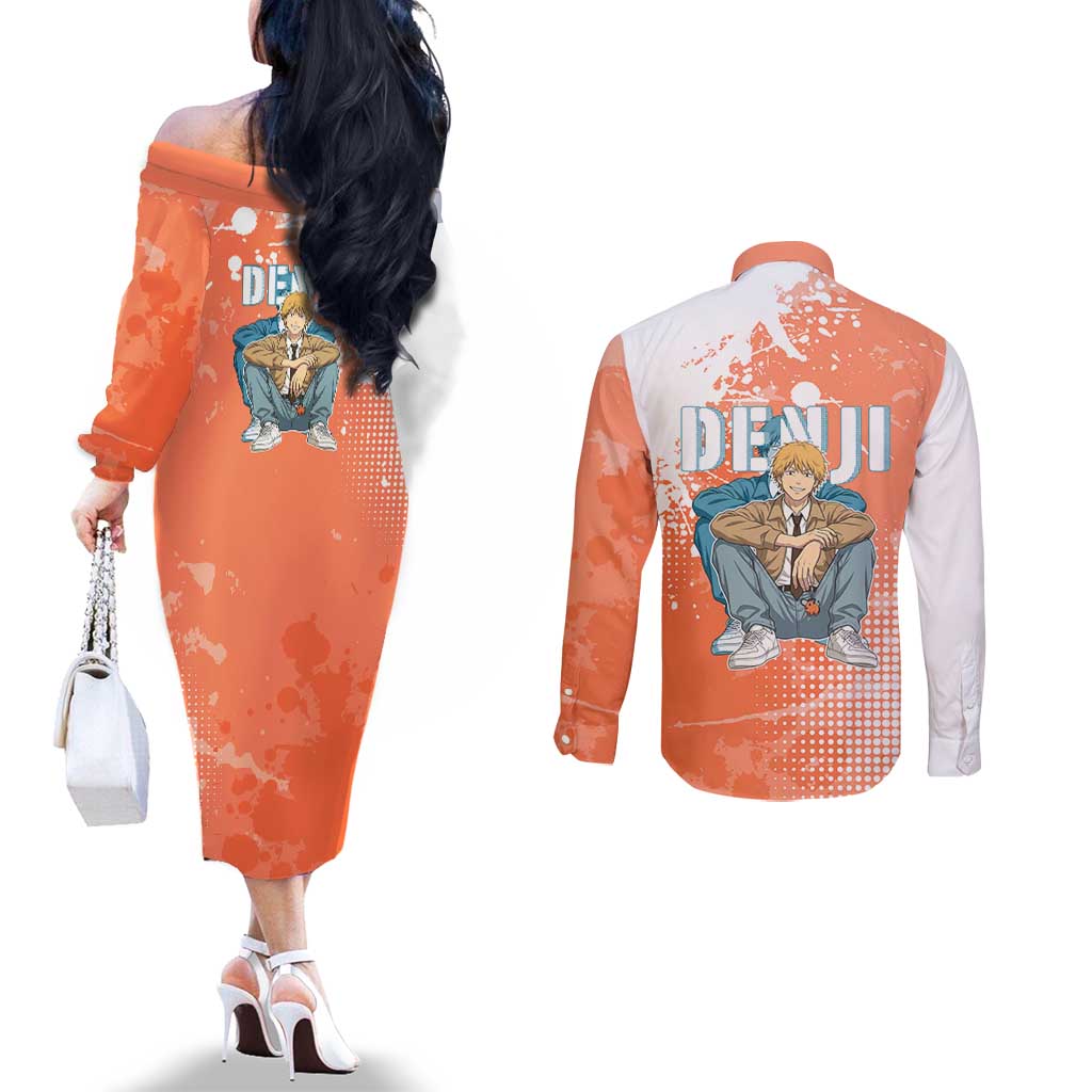 Denji Casual Chainsaw Man Couples Matching Off The Shoulder Long Sleeve Dress and Long Sleeve Button Shirt Retro Manga Grunge Style